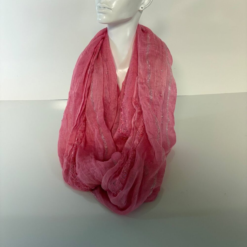 Simply Noelle Shimmering Pink Infinity Scarf Silver Metallic Threads Lightweight